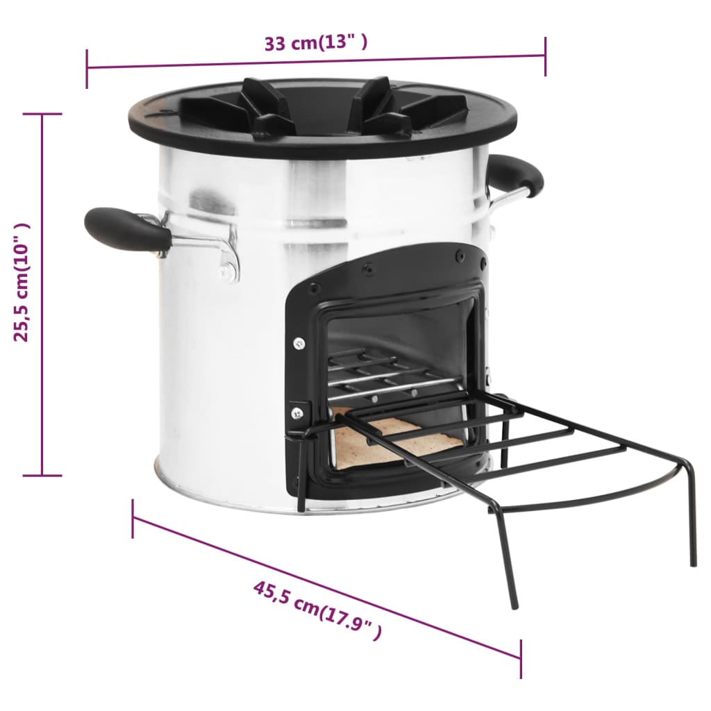 Ezüstszínű acél fatüzelésű kempingtűzhely 45,5 x 33 x 25,5 cm