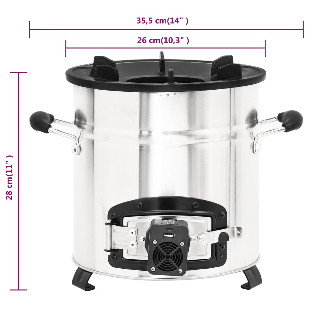 Ezüst acél fatüzelésű tűzhely usb-s légfúvóval 35,5x26x28 cm