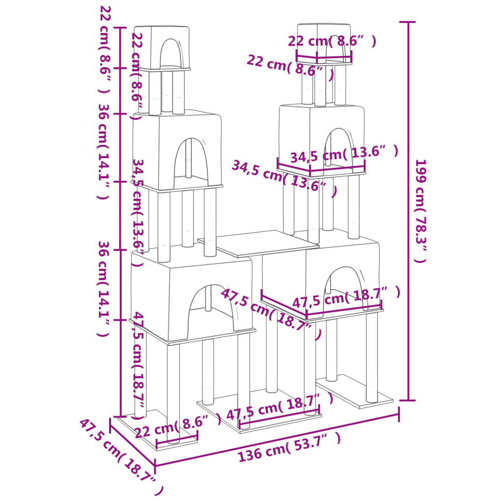 Világosszürke macskabútor szizál kaparófákkal 199 cm