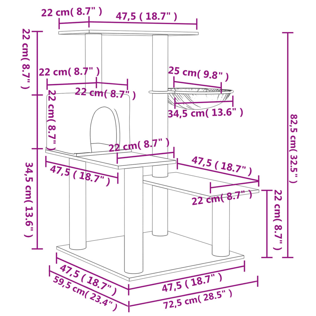 Sötétszürke macskabútor szizál kaparófával 82,5 cm