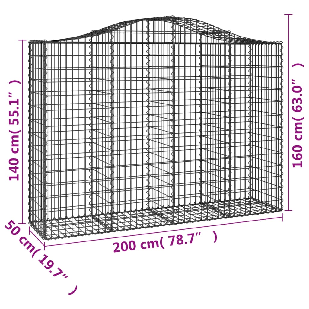 6 db íves horganyzott vas gabion kosár 200x50x140/160 cm
