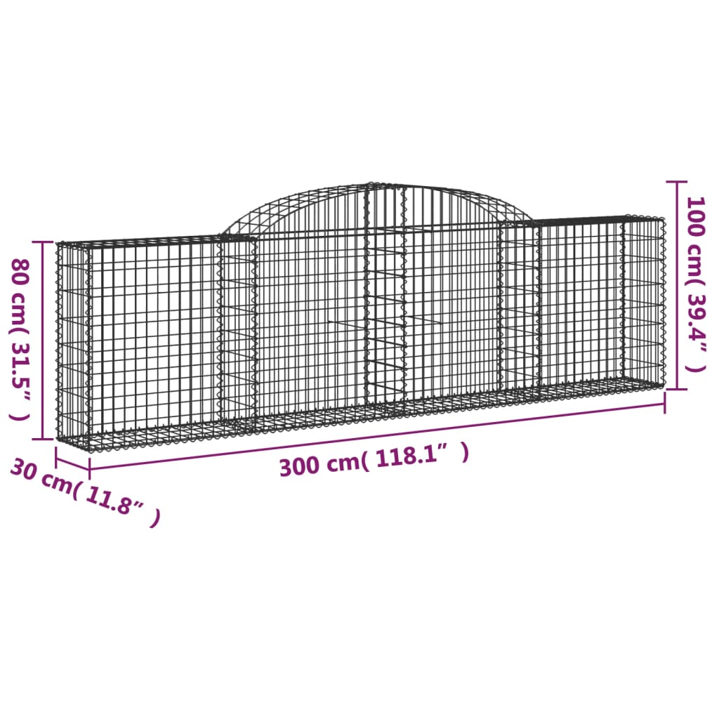 6 db íves horganyzott vas gabion kosár 300x30x80/100 cm