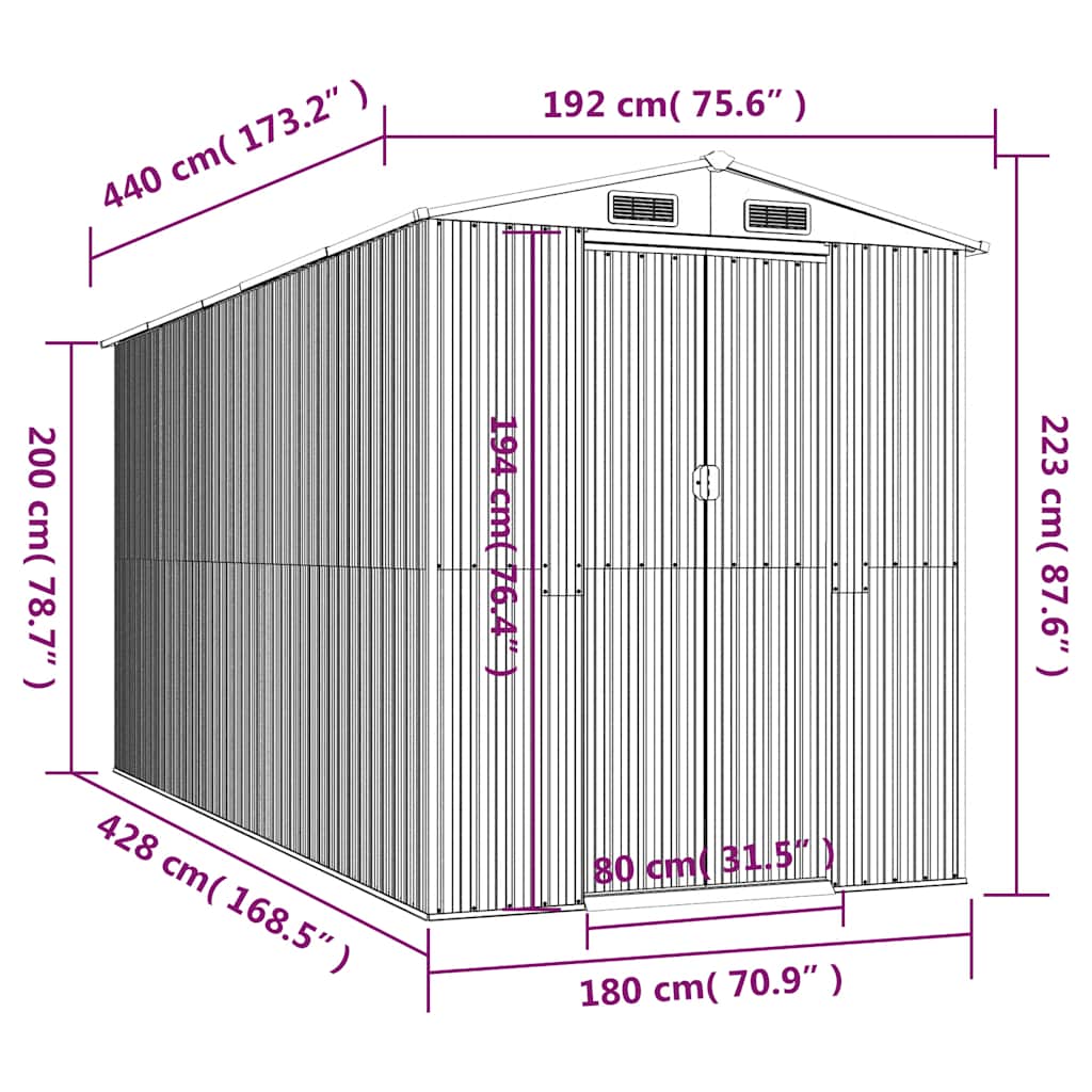 Sötétbarna horganyzott acél kerti fészer 192 x 440 x 223 cm