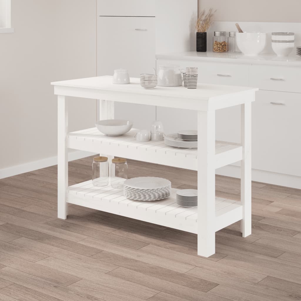 Fehér tömör fenyőfa munkapad 110,5x50x80 cm