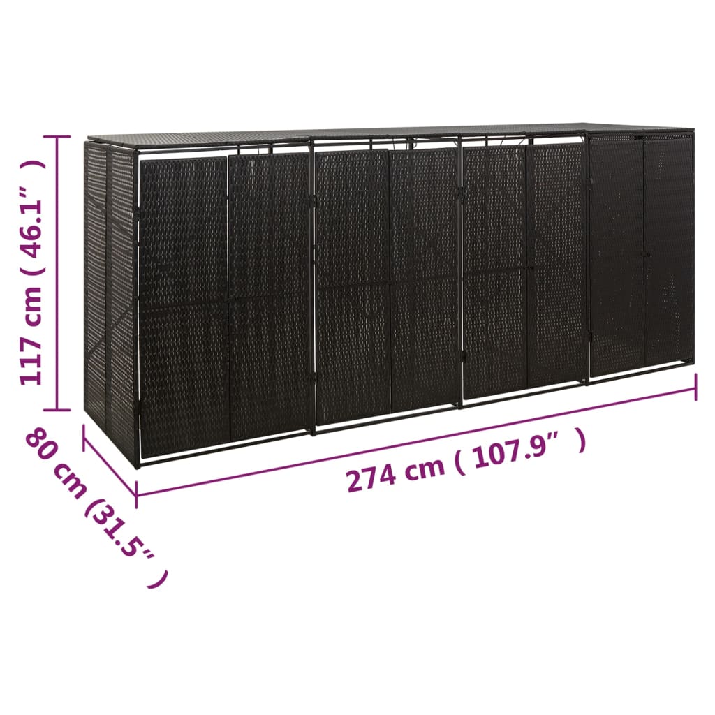 Fekete polyrattan négyes kerekeskuka tárolófészer 274x80x117 cm