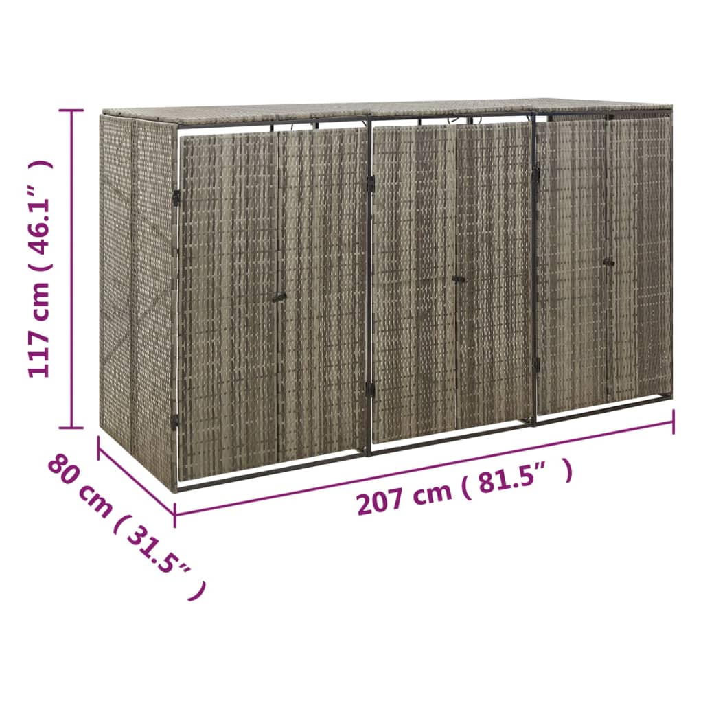 Szürke polyrattan hármas kerekeskuka tárolófészer 207x80x117 cm