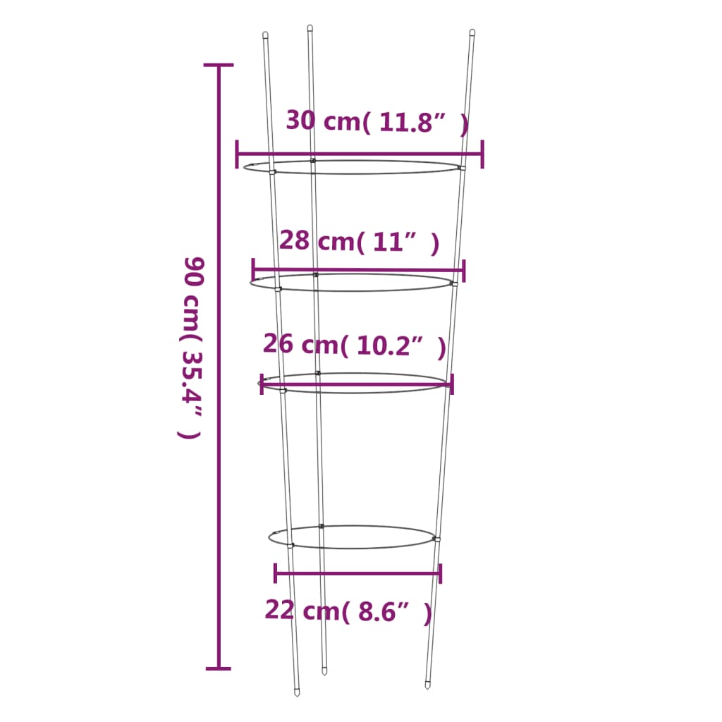 5 db zöld acél kerti növénytámasz 4 gyűrűvel 90 cm