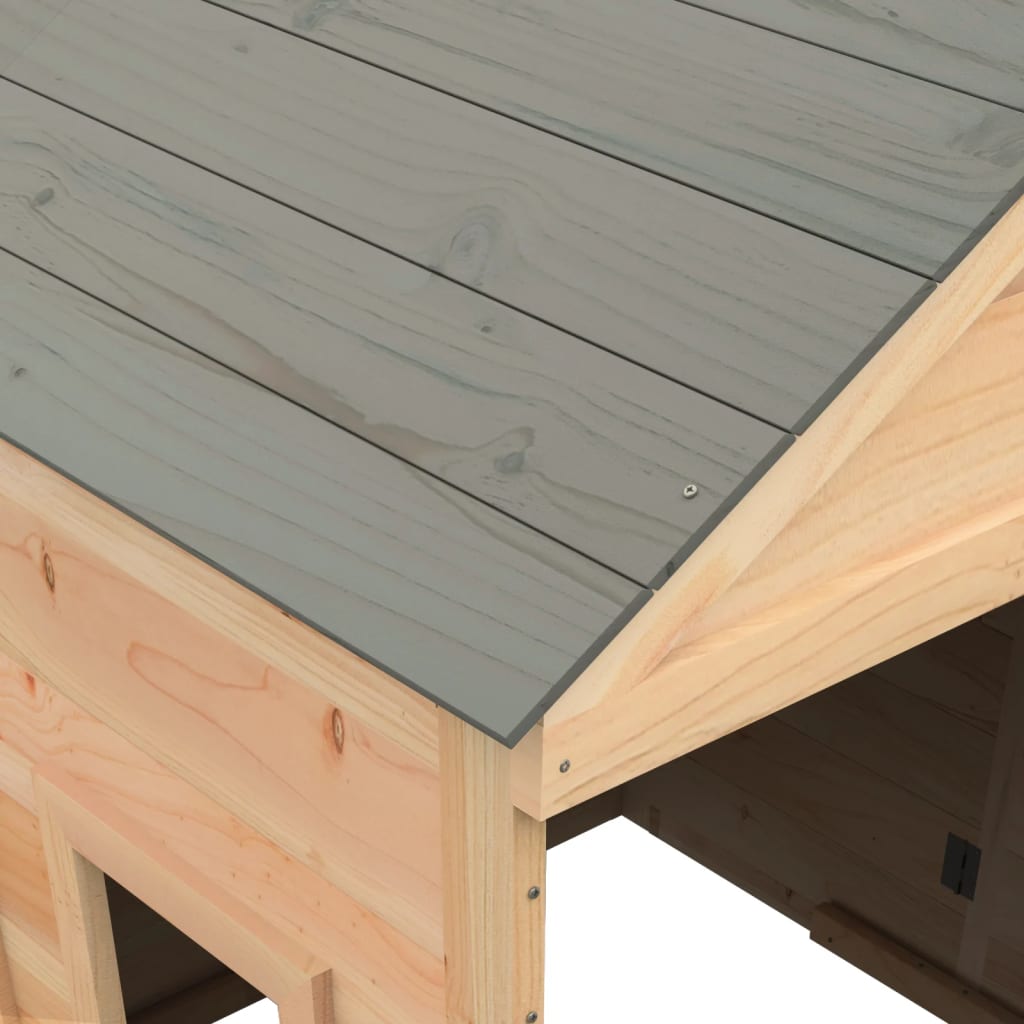 Tömör fenyőfa játszóház zárható ajtóval és virágcserepekkel