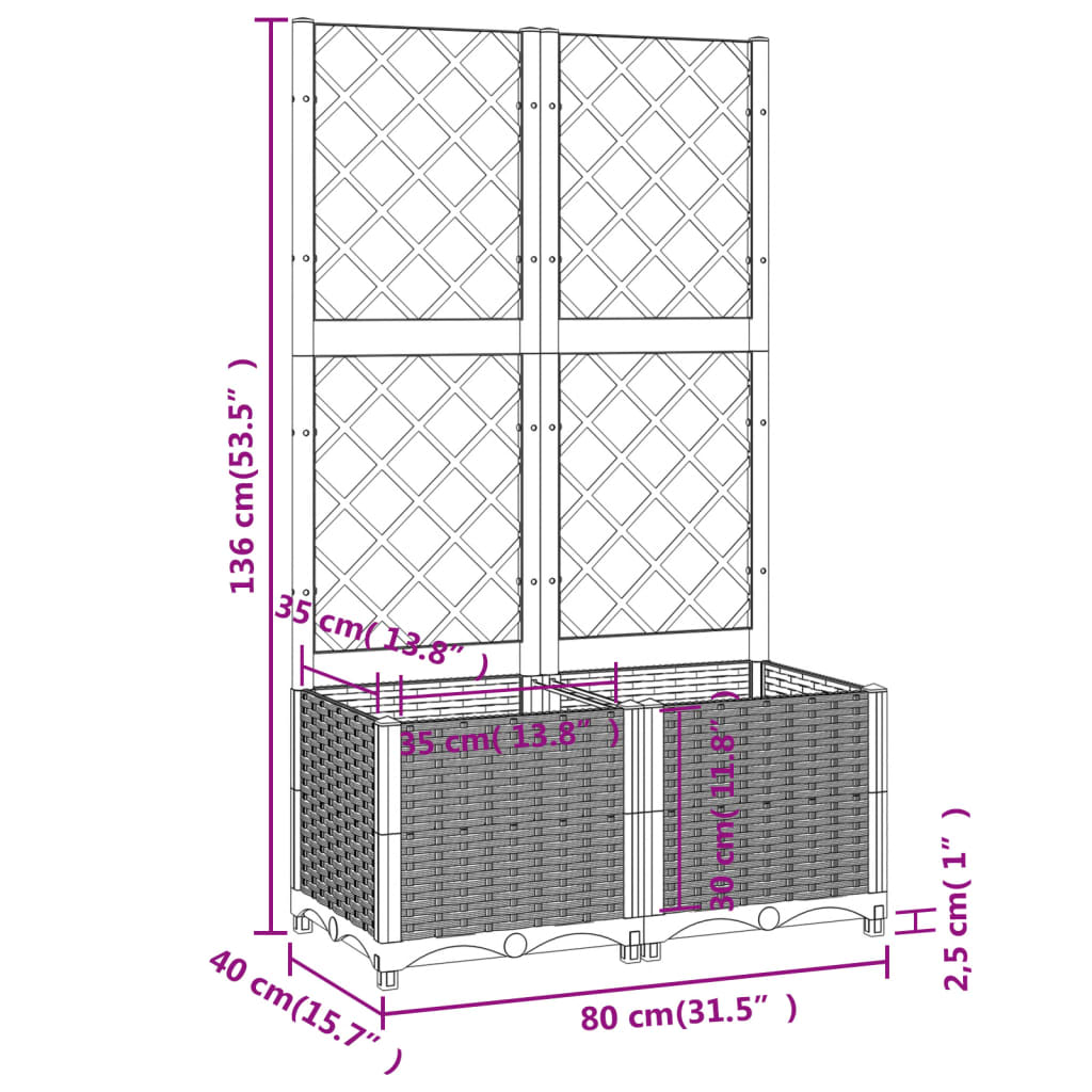 Világosszürke pp rácsos kerti ültetőláda 80 x 40 x 136 cm