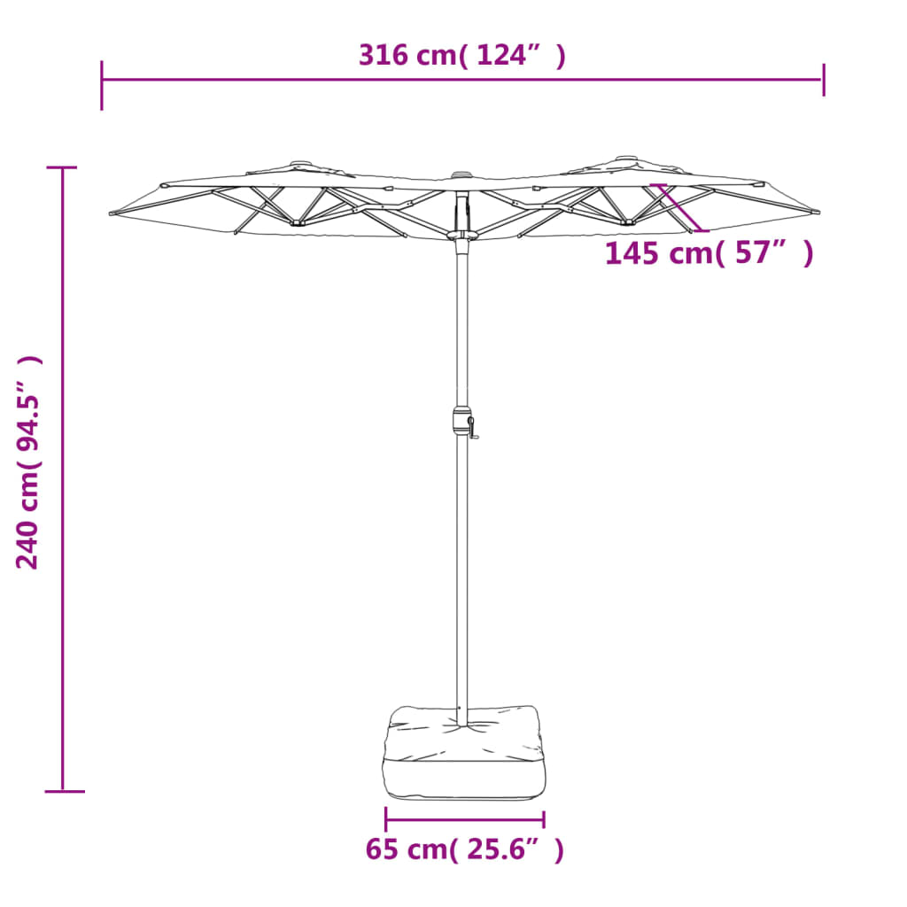 Azúrkék dupla tetős led-es napernyő 316x145 cm