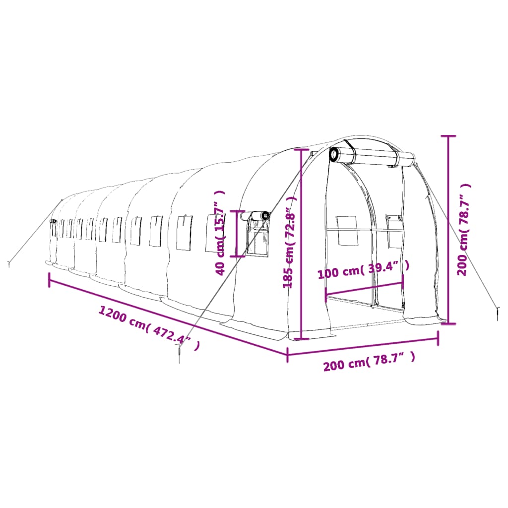 Zöld acélvázas melegház 24 m² 12 x 2 x 2 m