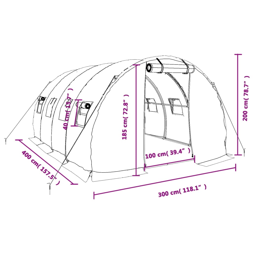 Zöld acélvázas melegház 12 m² 4 x 3 x 2 m