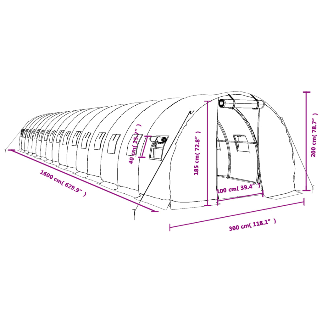 Zöld acélvázas melegház 48 m² 16 x 3 x 2 m