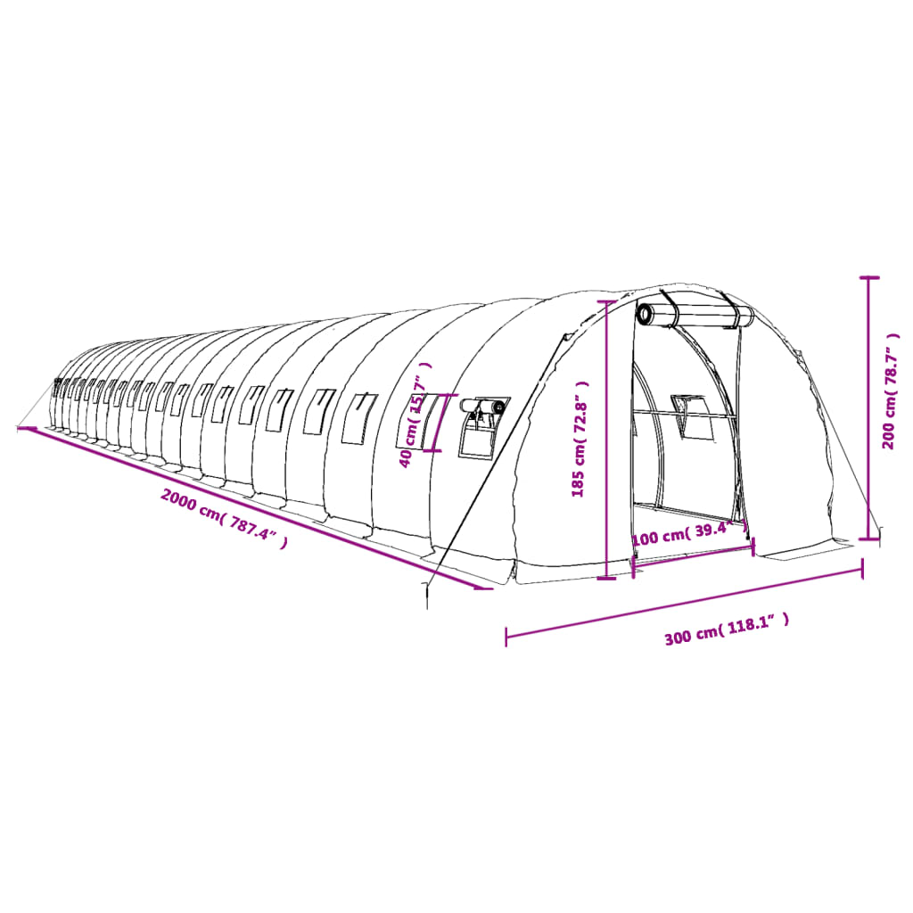 Zöld acélvázas melegház 60 m² 20 x 3 x 2 m