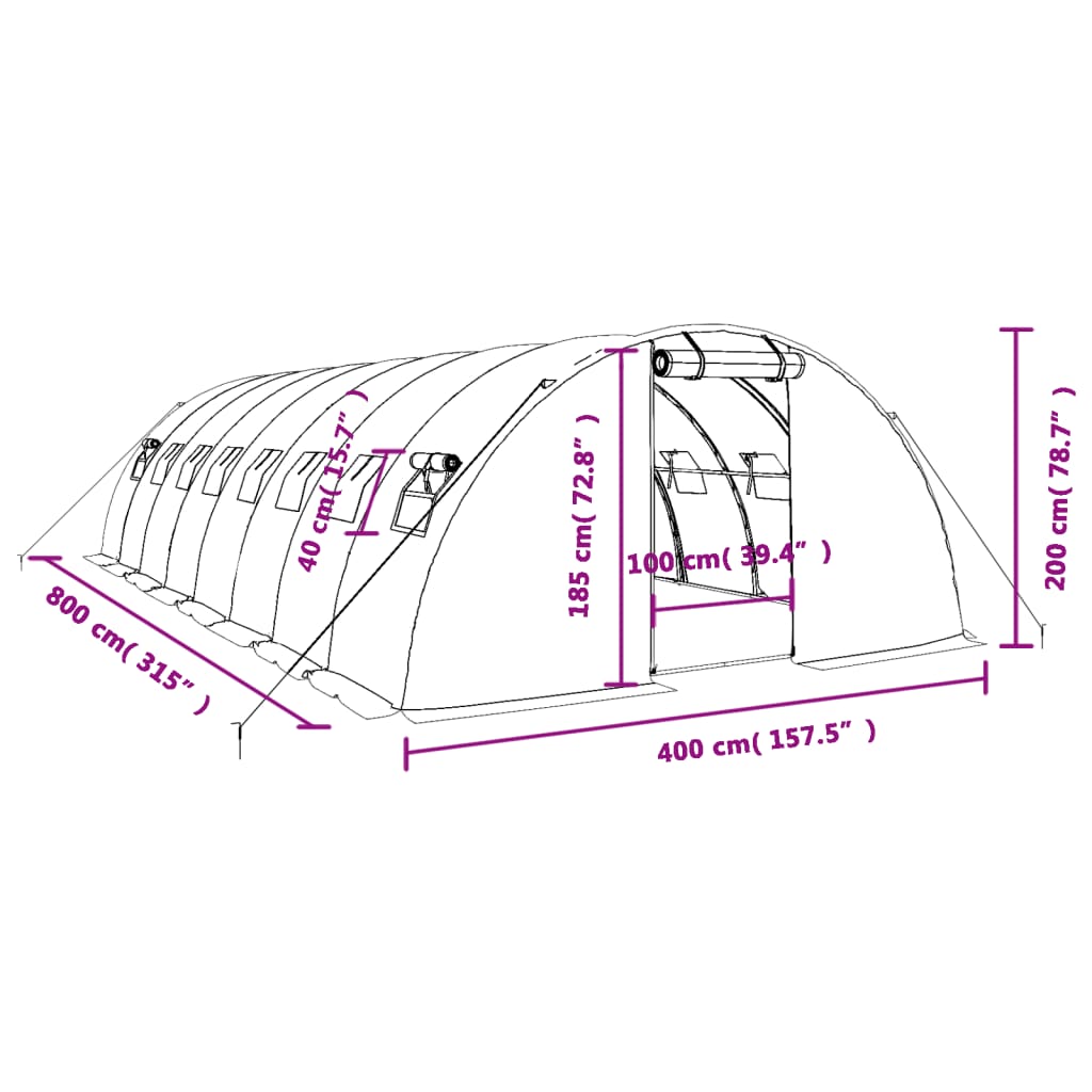 Zöld acélvázas melegház 32 m² 8 x 4 x 2 m