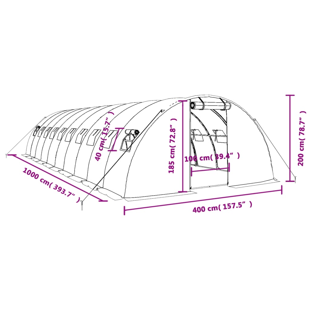Zöld acélvázas melegház 40 m² 10 x 4 x 2 m