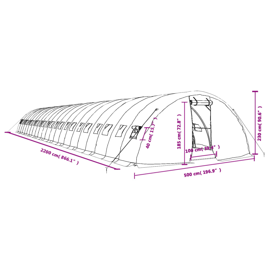Zöld acélvázas melegház 110 m² 22 x 5 x 2,3 m