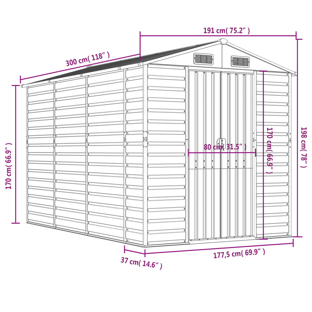 Antracitszürke horganyzott acél kerti fészer 191 x 300 x 198 cm