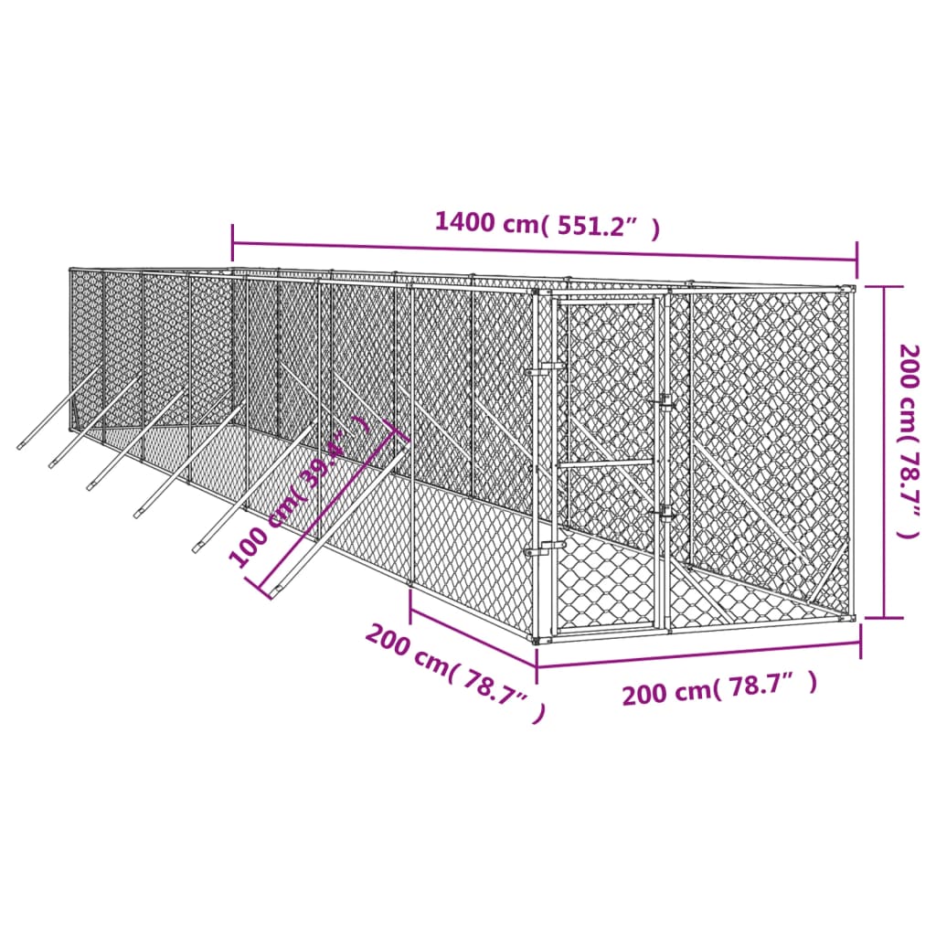 Ezüstszínű kültéri horganyzott acél kutyakennel 2 x 14 x 2 m