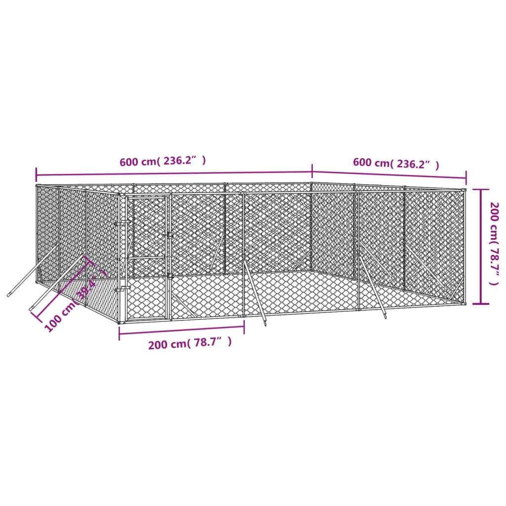 Ezüstszínű kültéri horganyzott acél kutyakennel 6x6x2 m