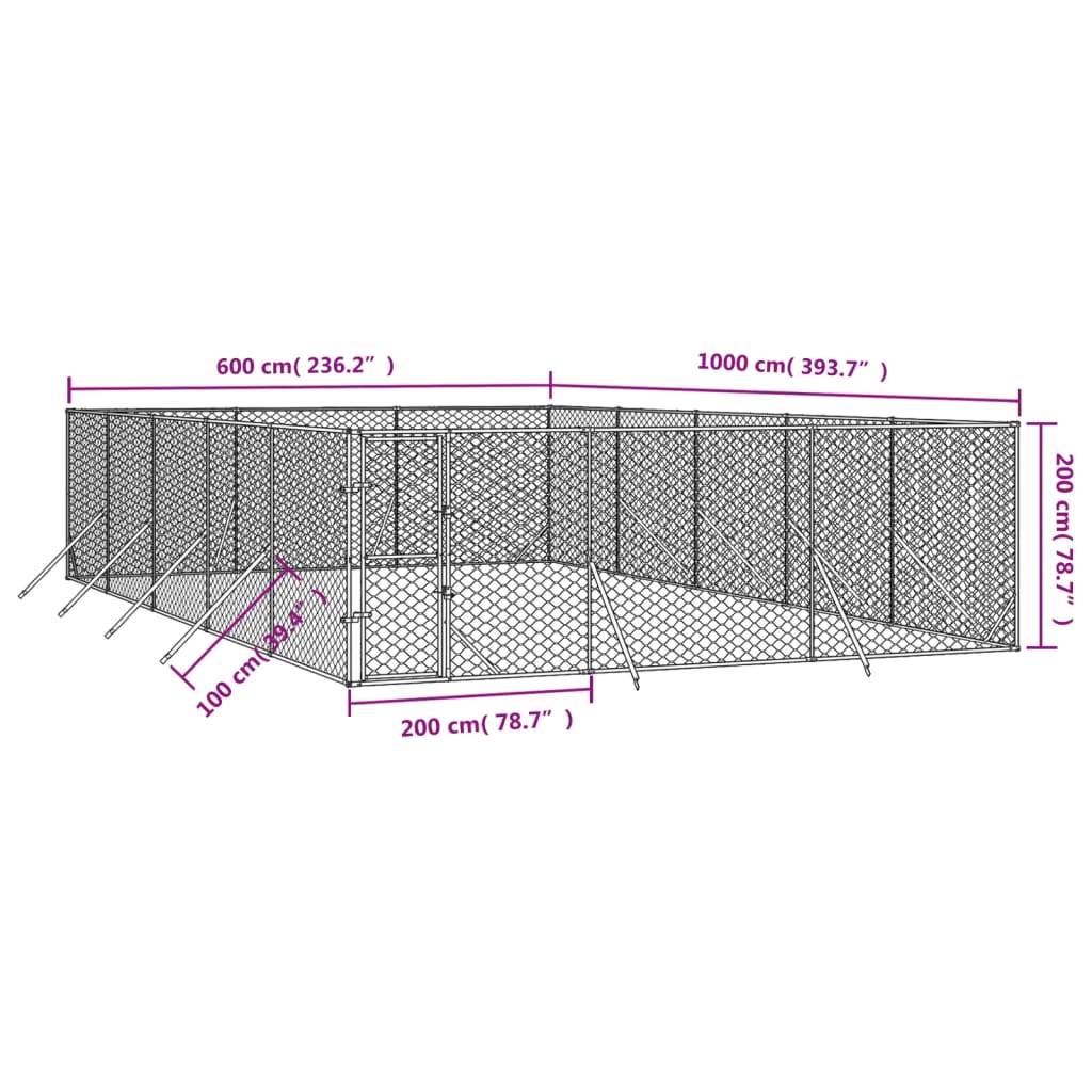 Ezüstszínű kültéri horganyzott acél kutyakennel 6 x 10 x 2 m