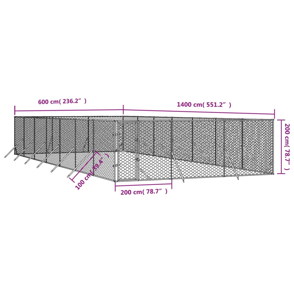 Ezüstszínű kültéri horganyzott acél kutyakennel 6 x 14 x 2 m