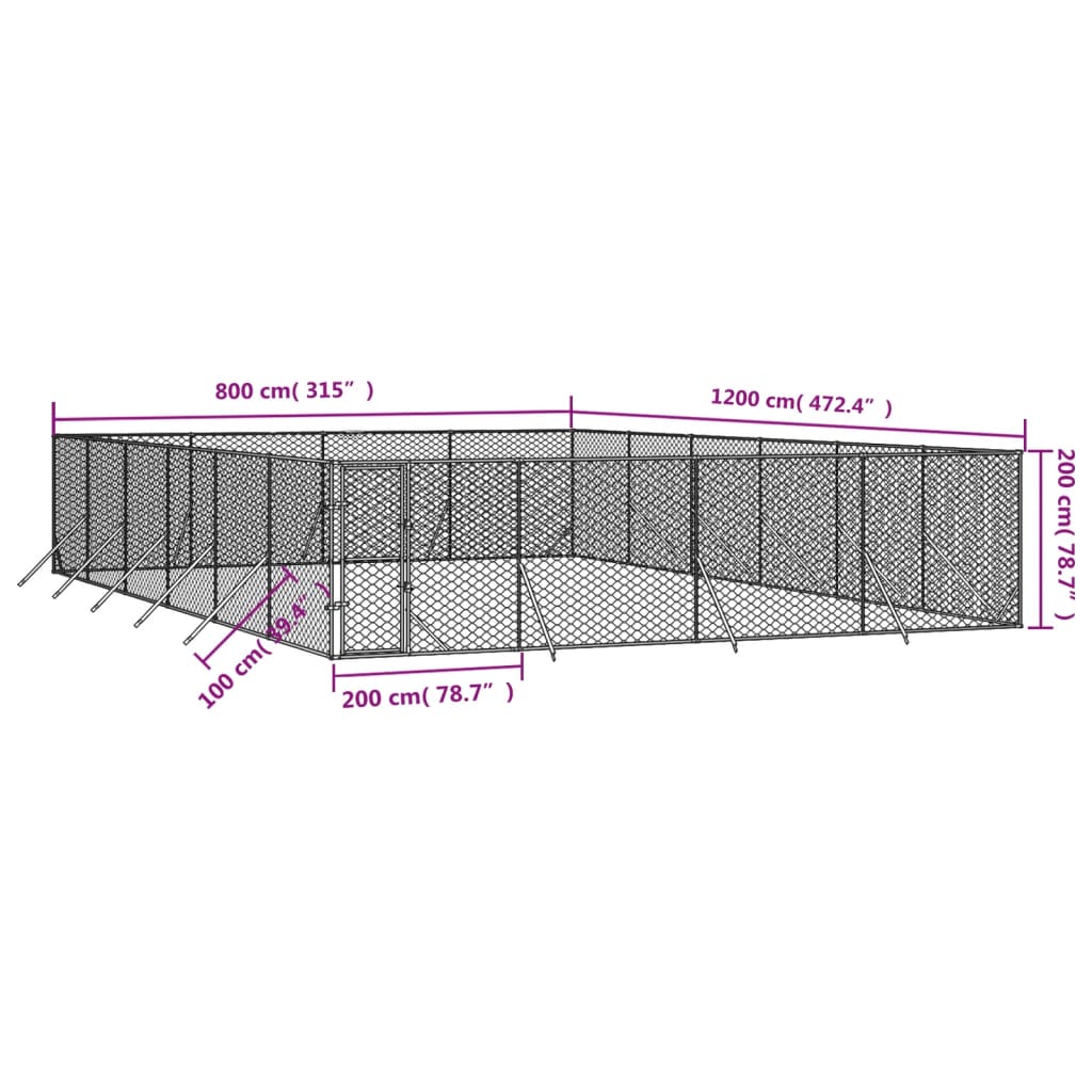 Ezüstszínű kültéri horganyzott acél kutyakennel 8 x 12 x 2 m