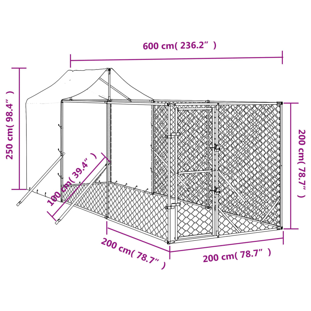 Ezüstszínű horganyzott acél kutyakennel tetővel 2x6x2,5 m