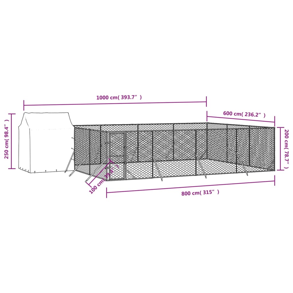 Ezüstszínű horganyzott acél kutyakennel tetővel 6x6x2,5 m
