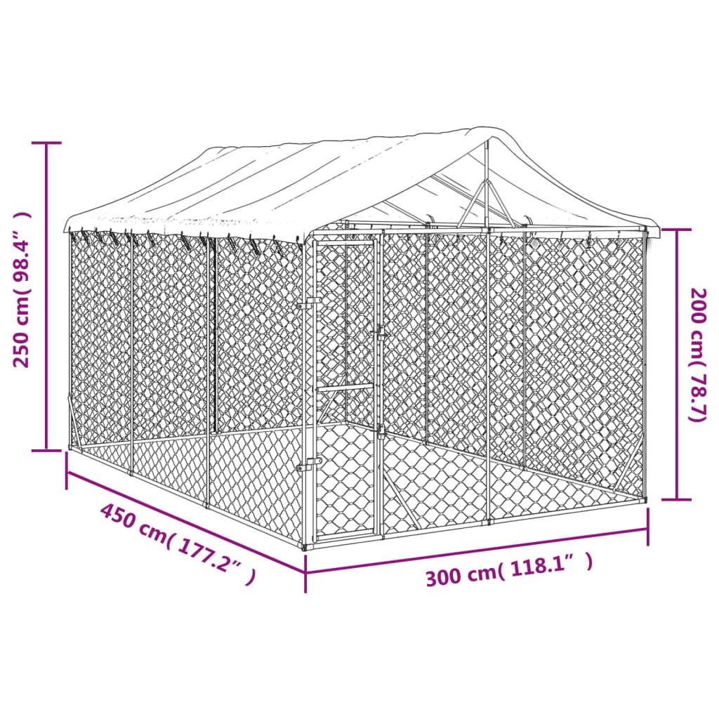 Ezüstszínű horganyzott acél kutyakennel tetővel 3x4,5x2,5 m