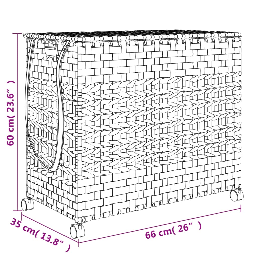 Sötétbarna rattan szennyeskosár kerekekkel 66x35x60 cm