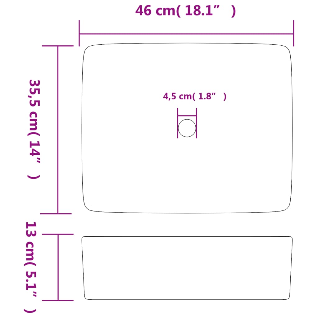 Fekete/barna kerámia négyszögletes asztali mosdó 46x35,5x13 cm
