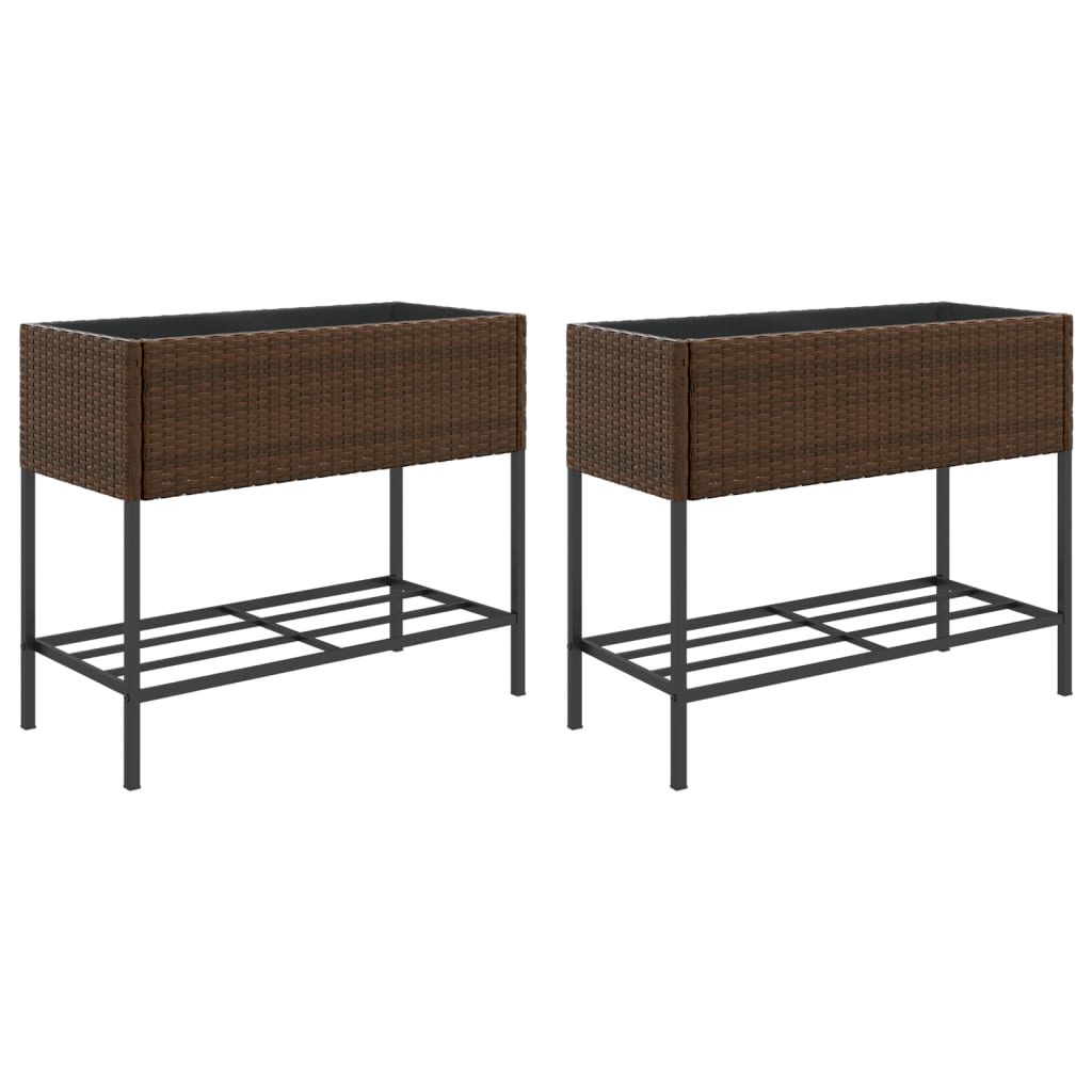 2 db barna polyrattan kerti ültetőláda polccal 90 x 40 x 75 cm
