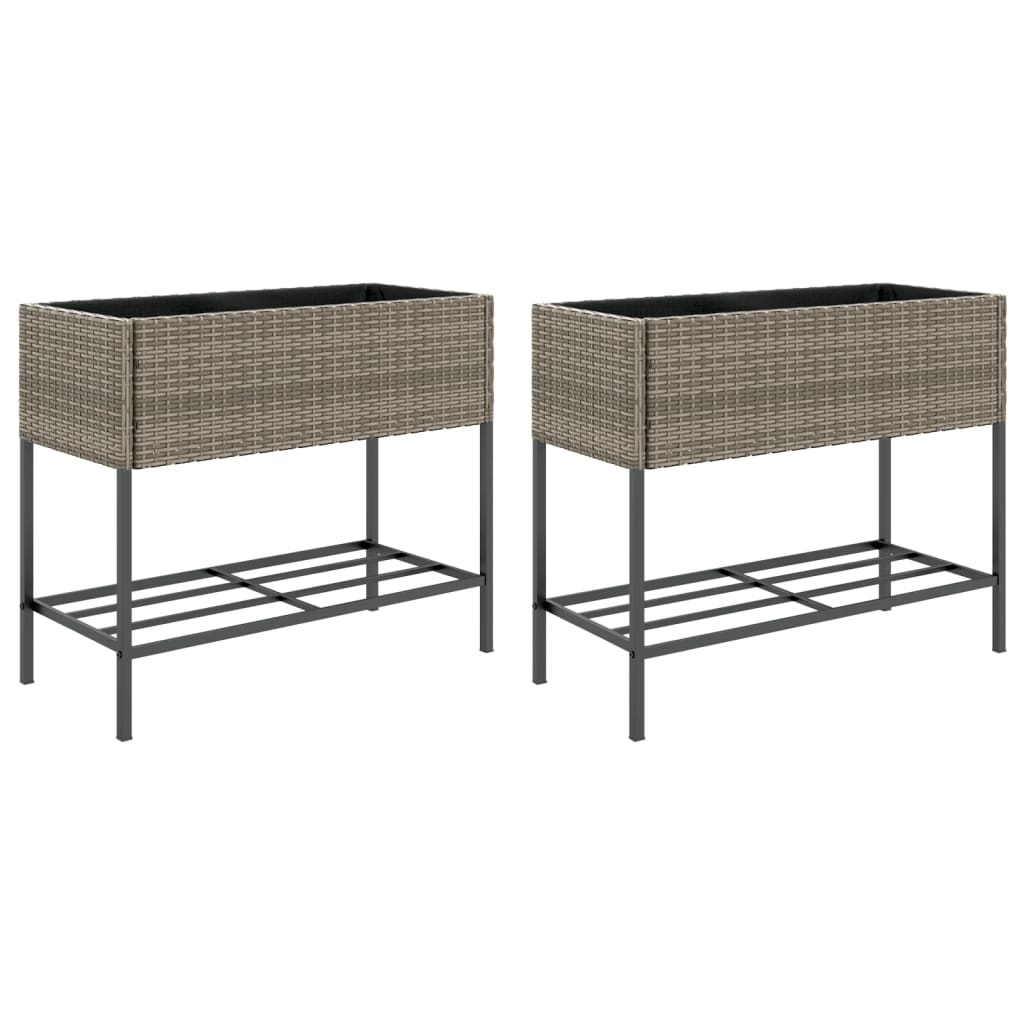 2 db szürke polyrattan kerti ültetőláda polccal 90 x 40 x 75 cm