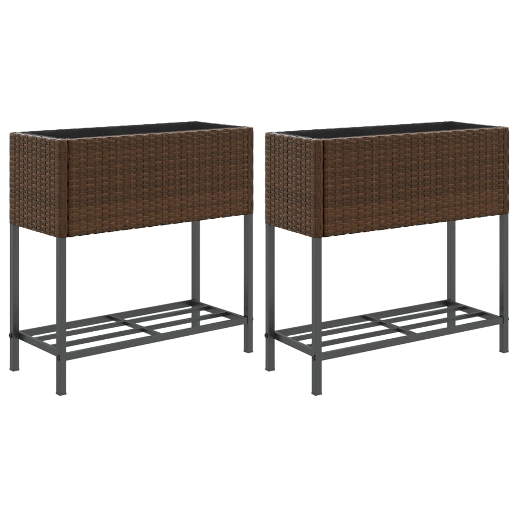 2 db barna polyrattan kerti ültetőláda polccal 70 x 28 x 70 cm