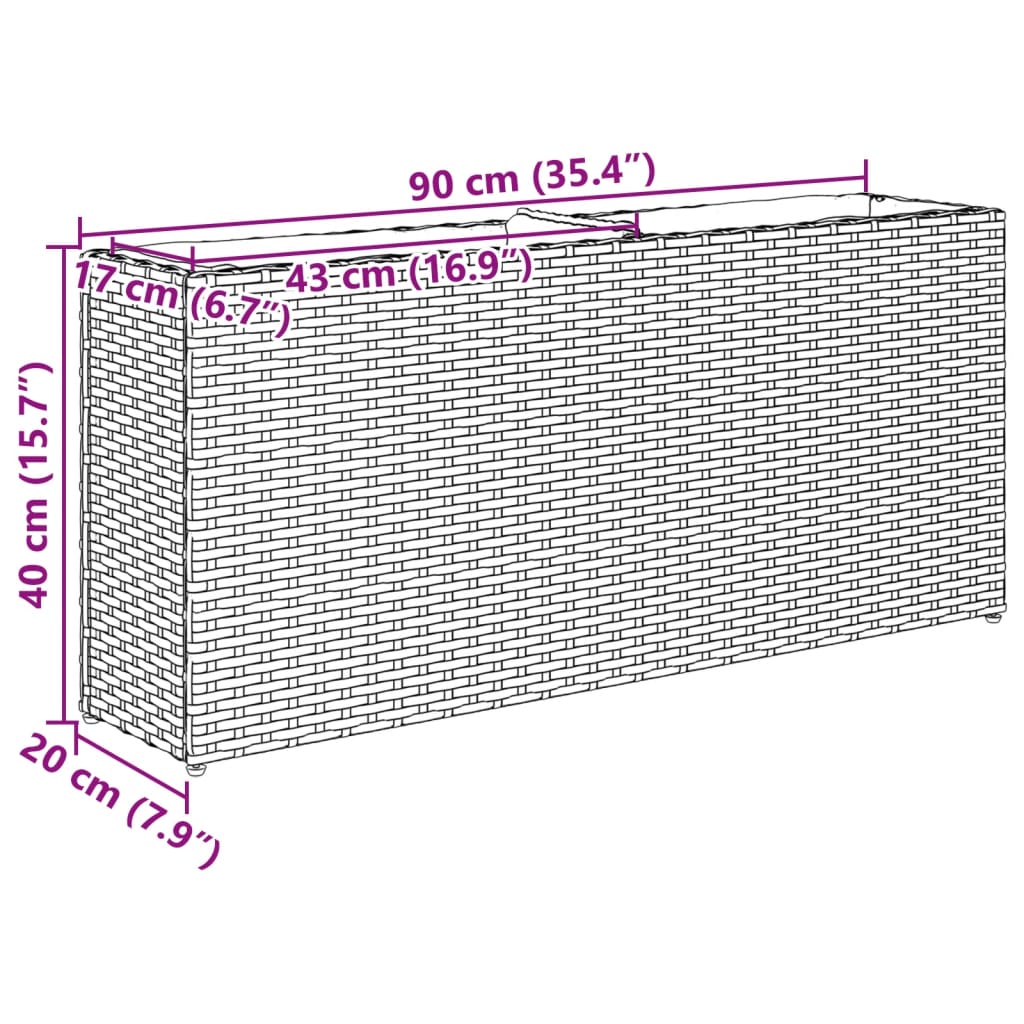 2 db fekete polyrattan kerti ültetőláda 2 cseréppel 90x20x40 cm