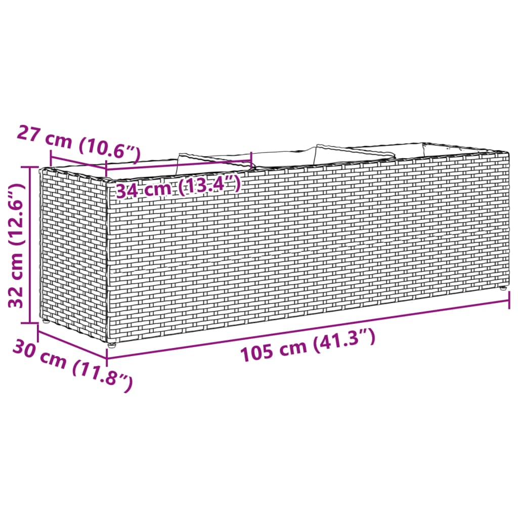 2 db szürke polyrattan kerti ültetőláda 3 cseréppel 105x30x32cm