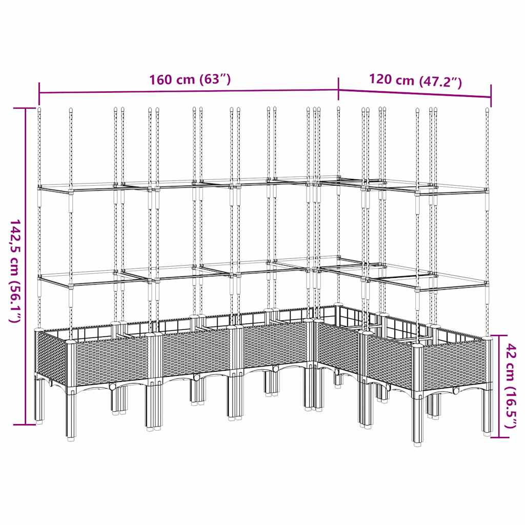 Világosszürke pp rácsos kerti ültetőláda 160 x 120 x 142,5 cm