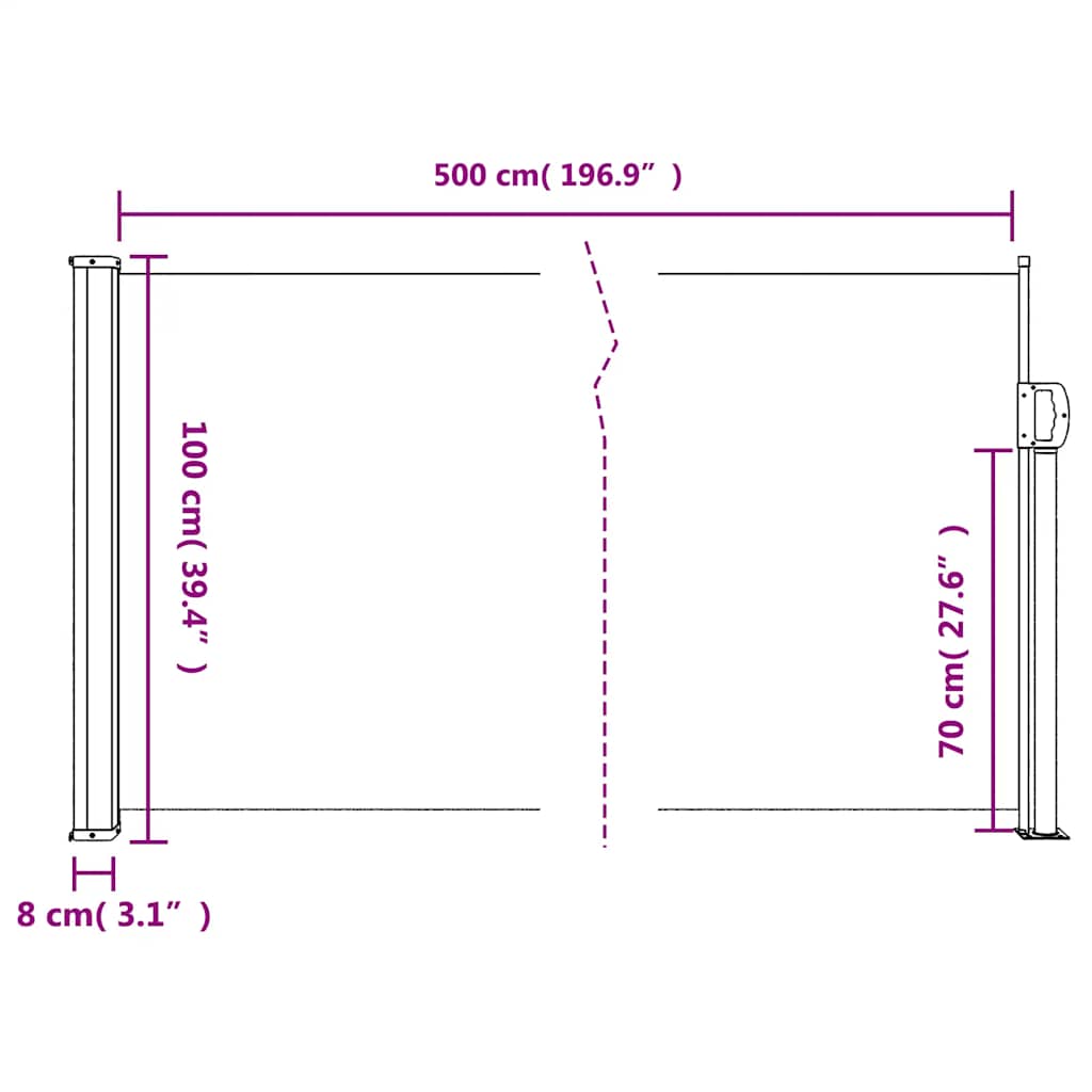 Antracitszürke behúzható oldalsó napellenző 100 x 500 cm