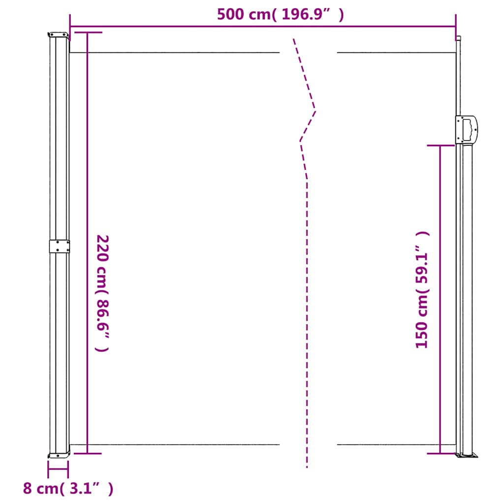 Tópszínű behúzható oldalsó napellenző 220 x 500 cm