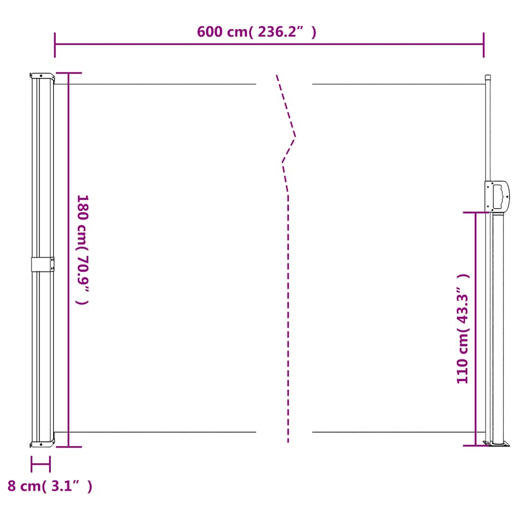 Tópszínű behúzható oldalsó napellenző 180 x 600 cm