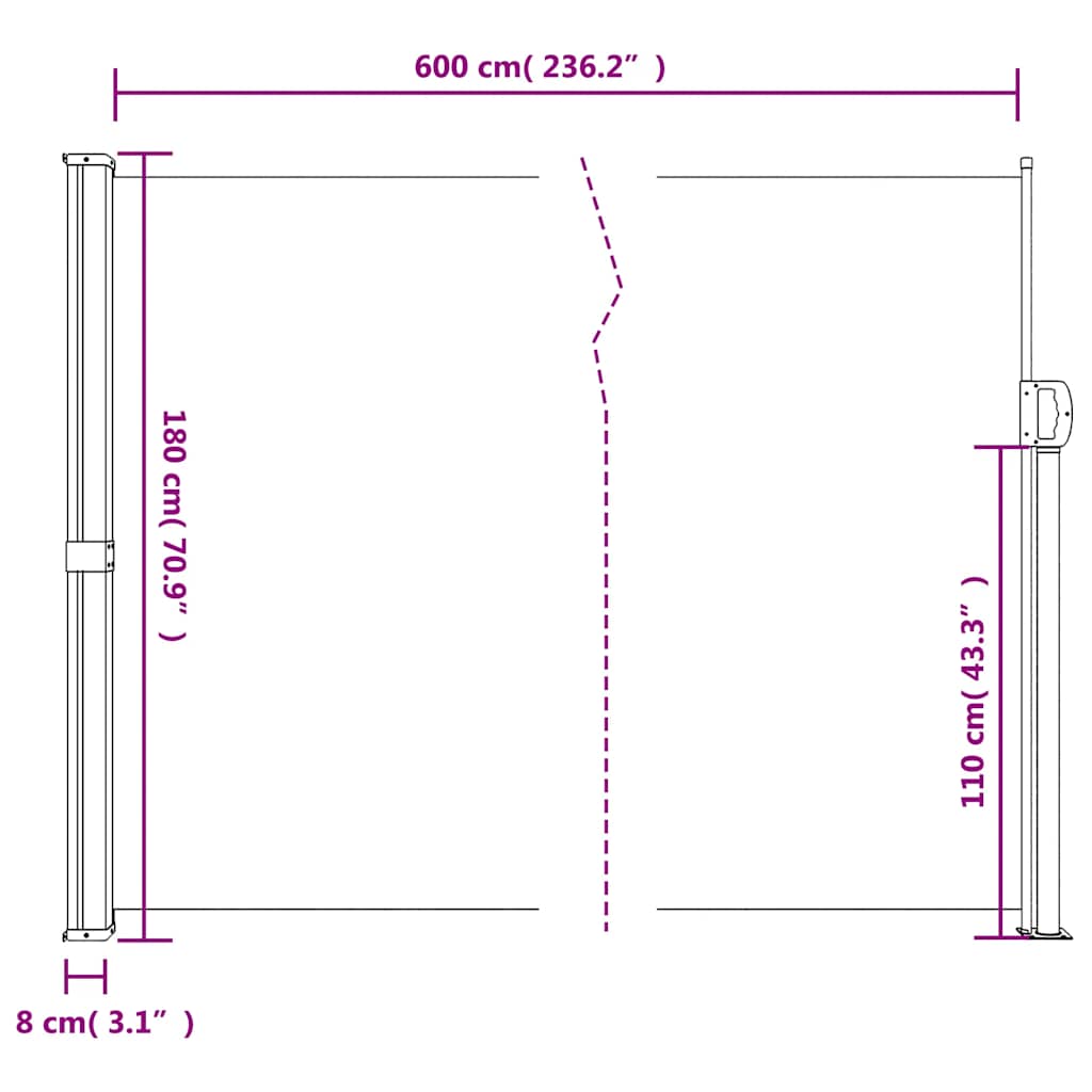 Sötétzöld behúzható oldalsó napellenző 180 x 600 cm
