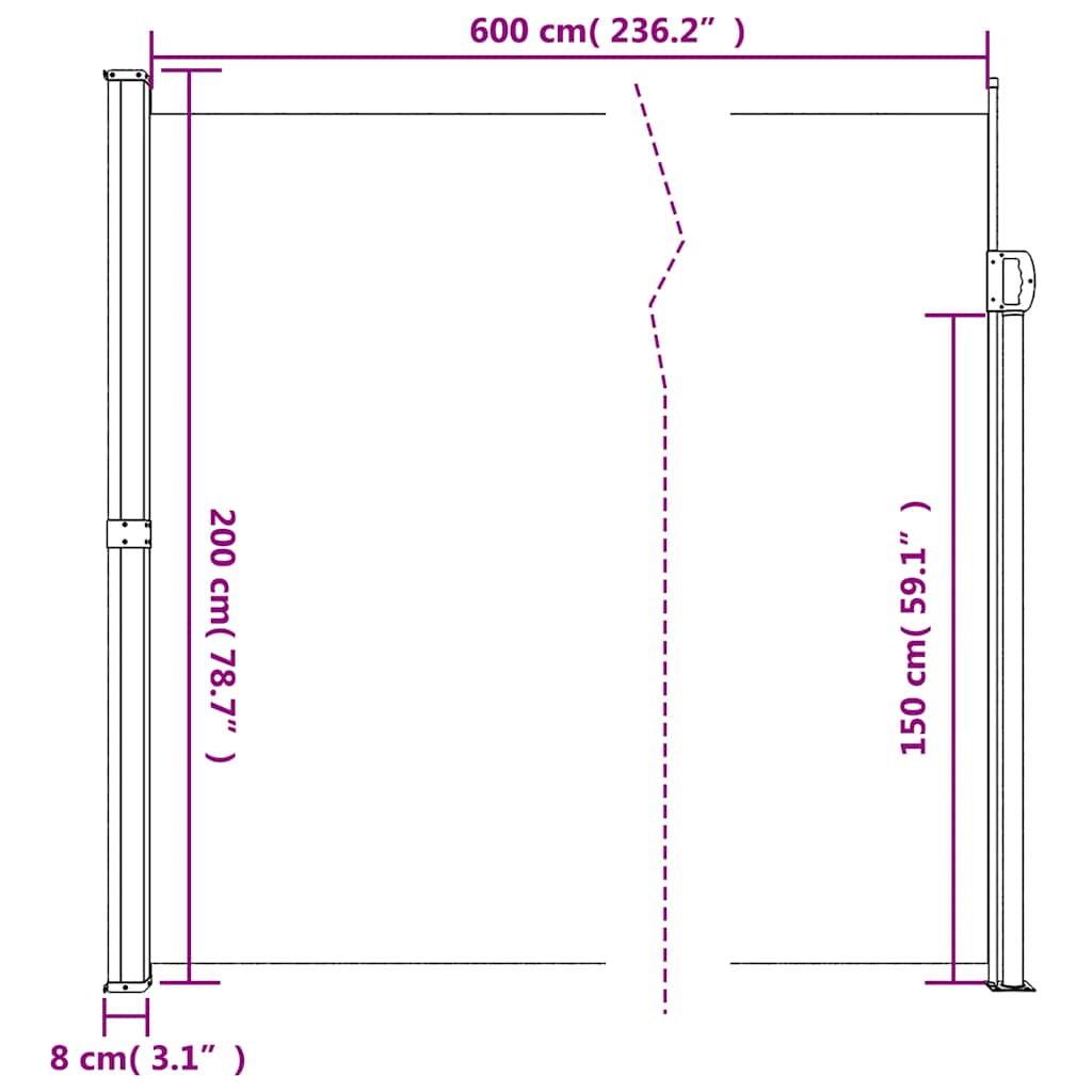 Tópszínű behúzható oldalsó napellenző 200 x 600 cm