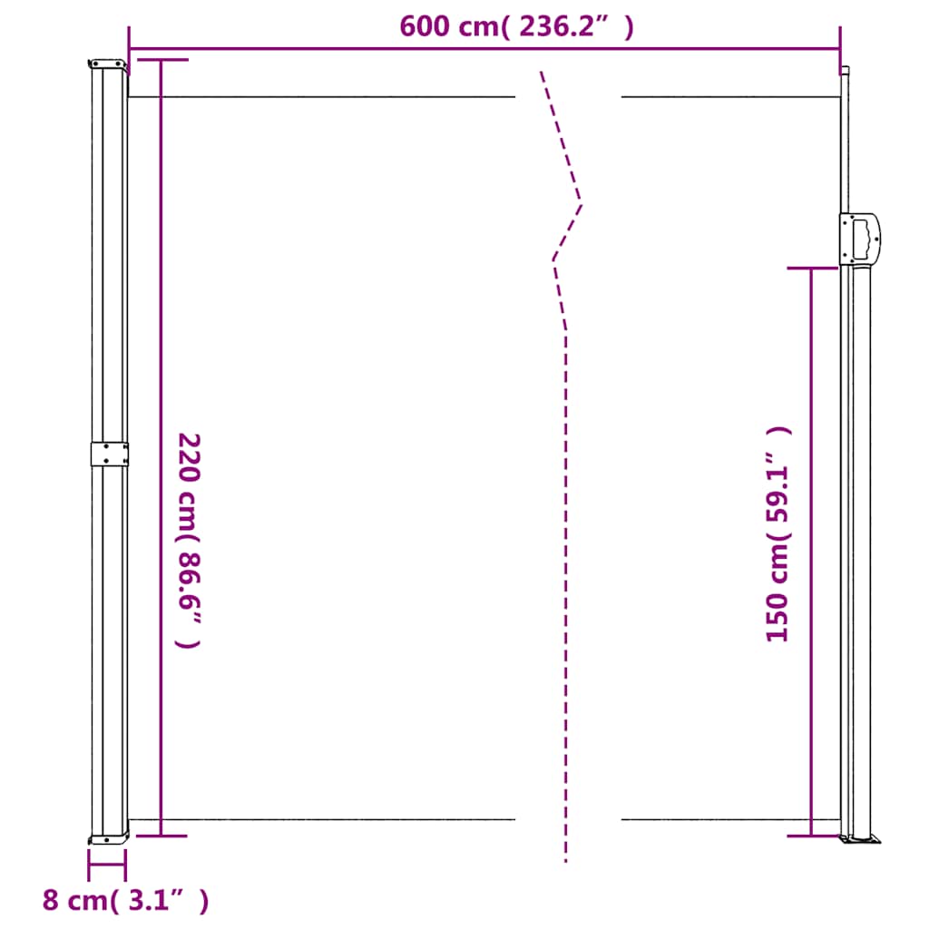Tópszínű behúzható oldalsó napellenző 220 x 600 cm