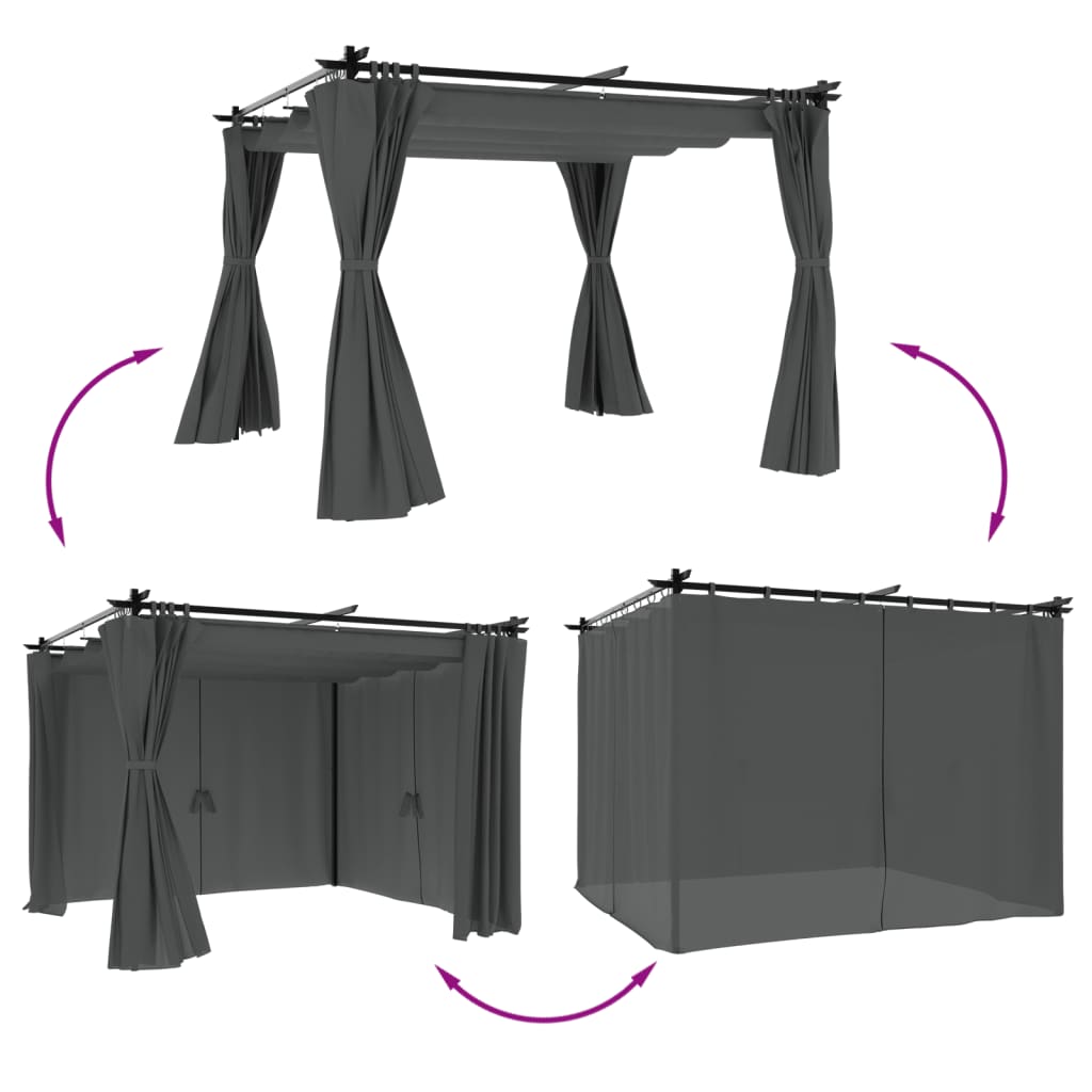 Antracitszürke acél pavilon függönyökkel 3 x 3 m