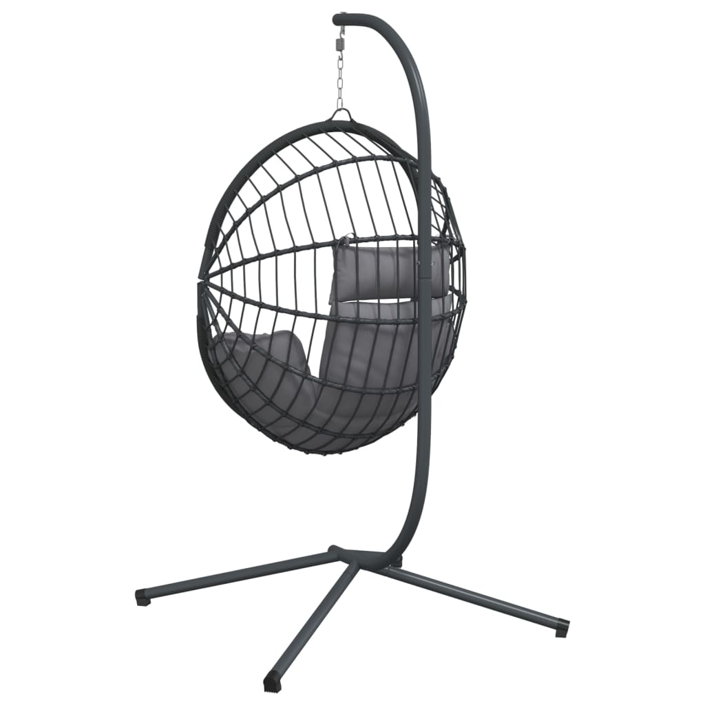 Szürke rattan és acél függő kagylószék állvánnyal