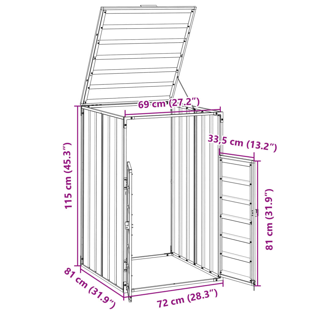 Szürke acél kerekes szemetes tároló 1 szemeteskukához 72 x 81 x 115 cm