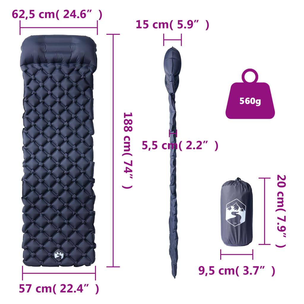 Szürke felfújható kempingmatrac beépített párnával