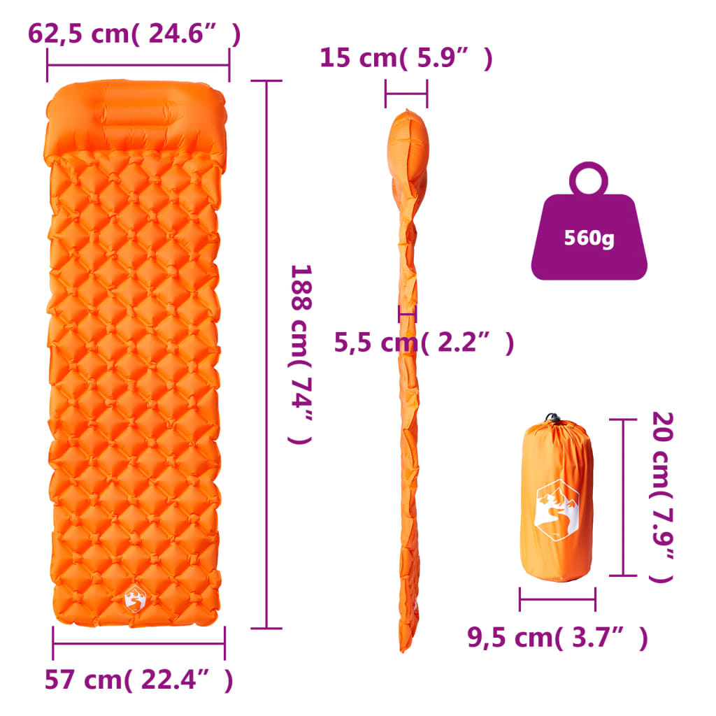 1 személyes narancssárga felfújható kempingmatrac párnával