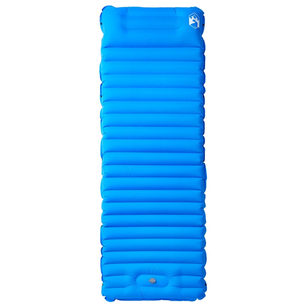 Kék önfelfújó kempingmatrac beépített párnával